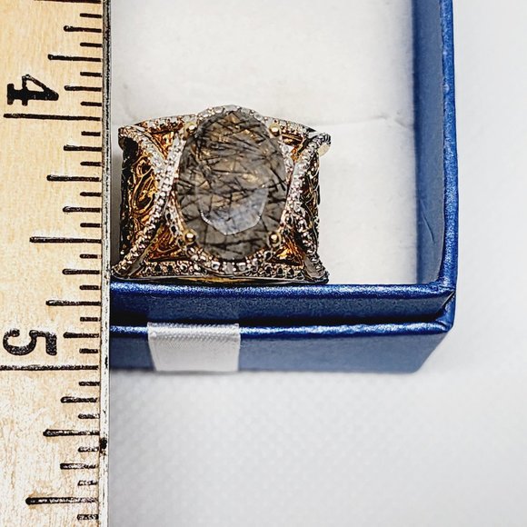 Natural Smoke Gray Rutile Quartz/ Dia accent fancy cocktail ring 7.5 cts sz 7.5 - Picture 2 of 5